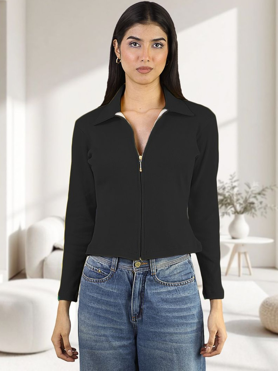 ARTYSKA Women Ribbed Shirt Collar Front Open Zip