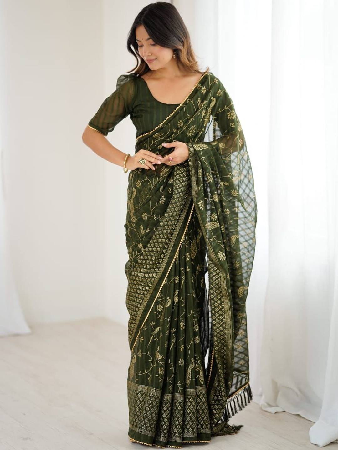 Siya Fashion Ethnic Motif Woven Design Zari Mehendi Saree With Blouse Piece