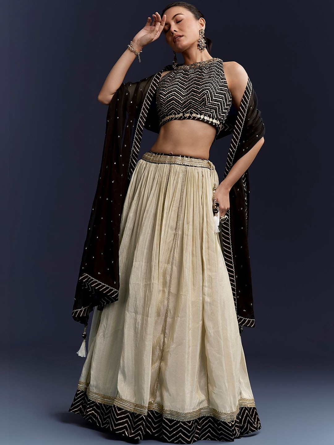 KALKI Fashion Embellished Halter Neck Sequinned Lehenga & Blouse With Dupatta