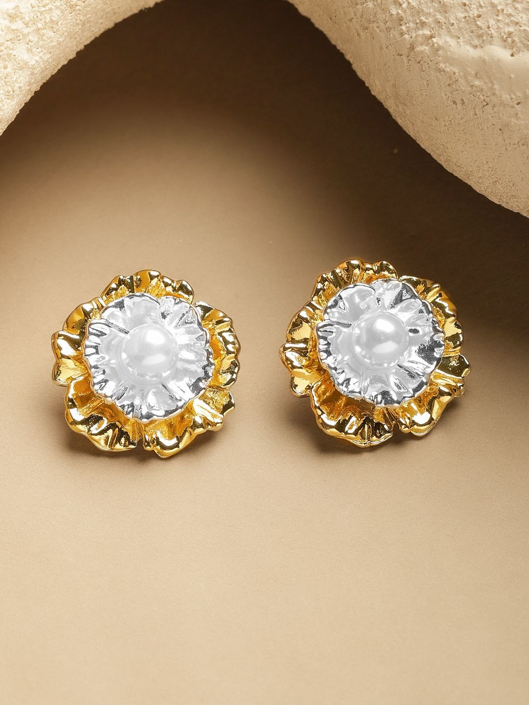 Rubans Gold-Plated Pearls Beaded Floral Shaped Studs