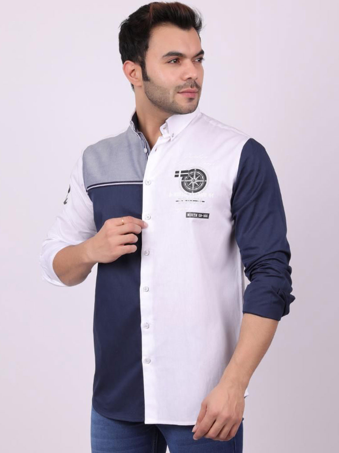 PIER 7 Men Premium Fit Colourblocked Button-Down Collar Cotton Casual Shirt