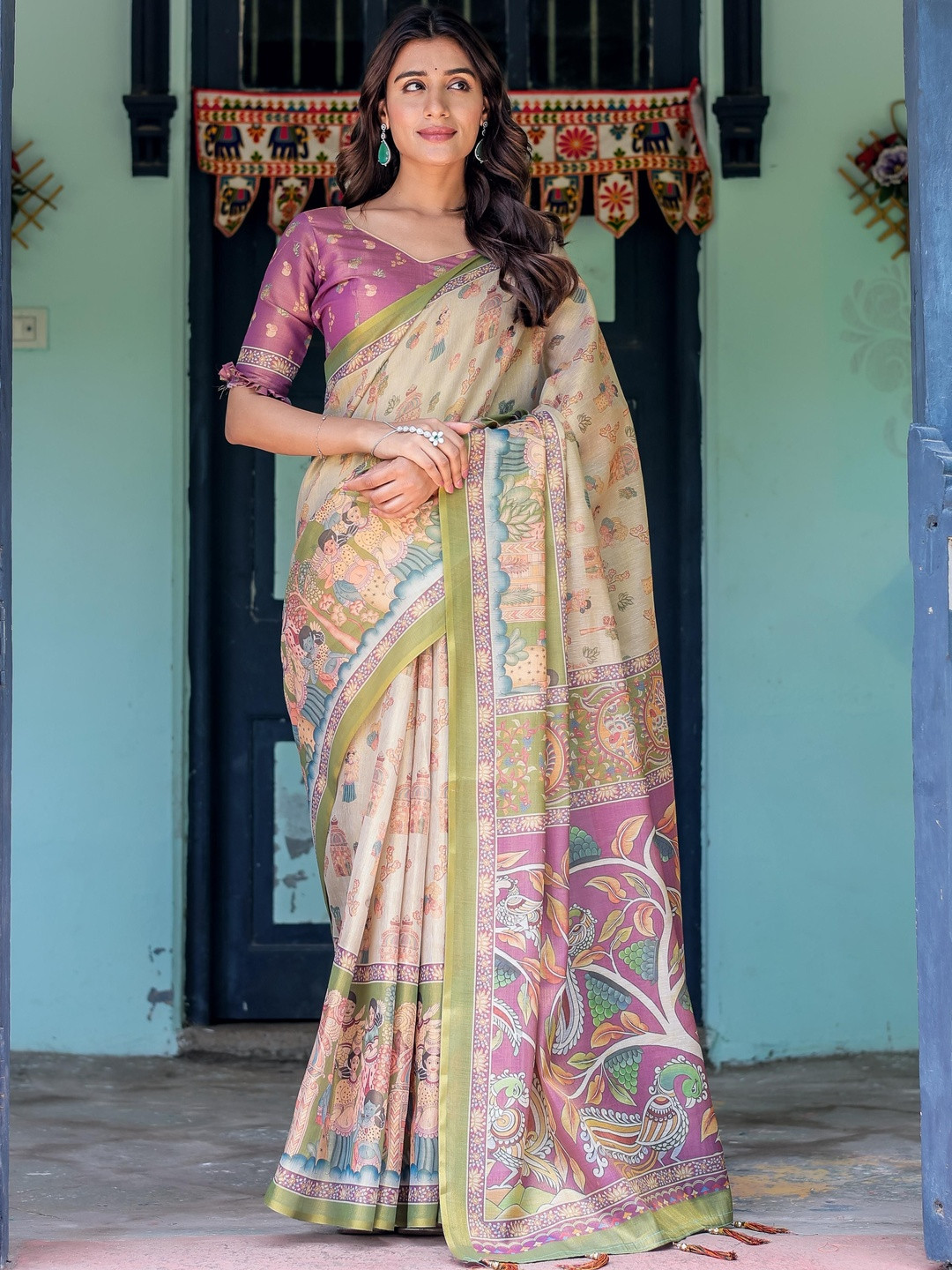 MAHALASA Kalamkari Printed Pure Linen Saree With Blouse Piece