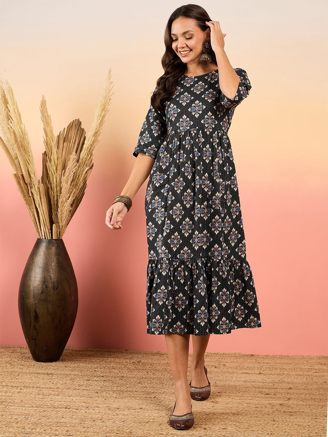InWeave Women Kantha Boota Print Front Pocket Fit & Flare Midi Dress