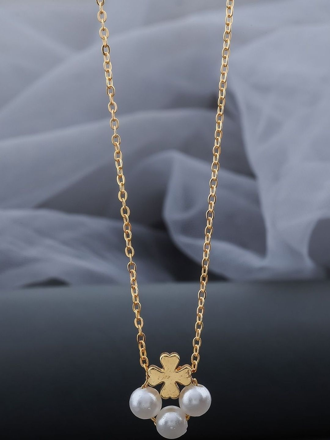 SZN Elegant Set Of 2 Gold-Plated Artificial Beaded Floral Minimal Link Chain Necklaces