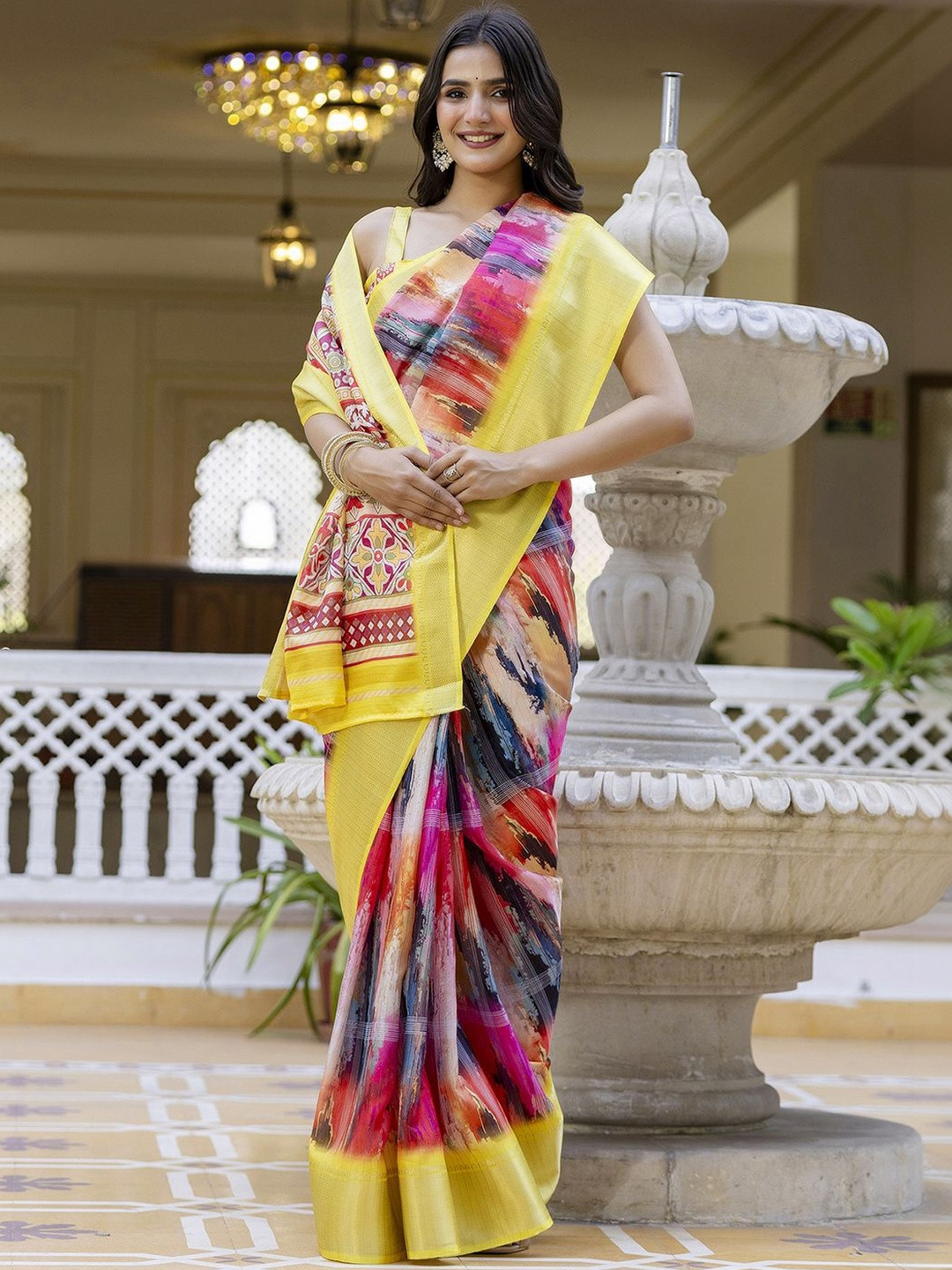 HERE&NOW Printed Woven Design Ready to Wear Saree With Unstiched Blouse Piece