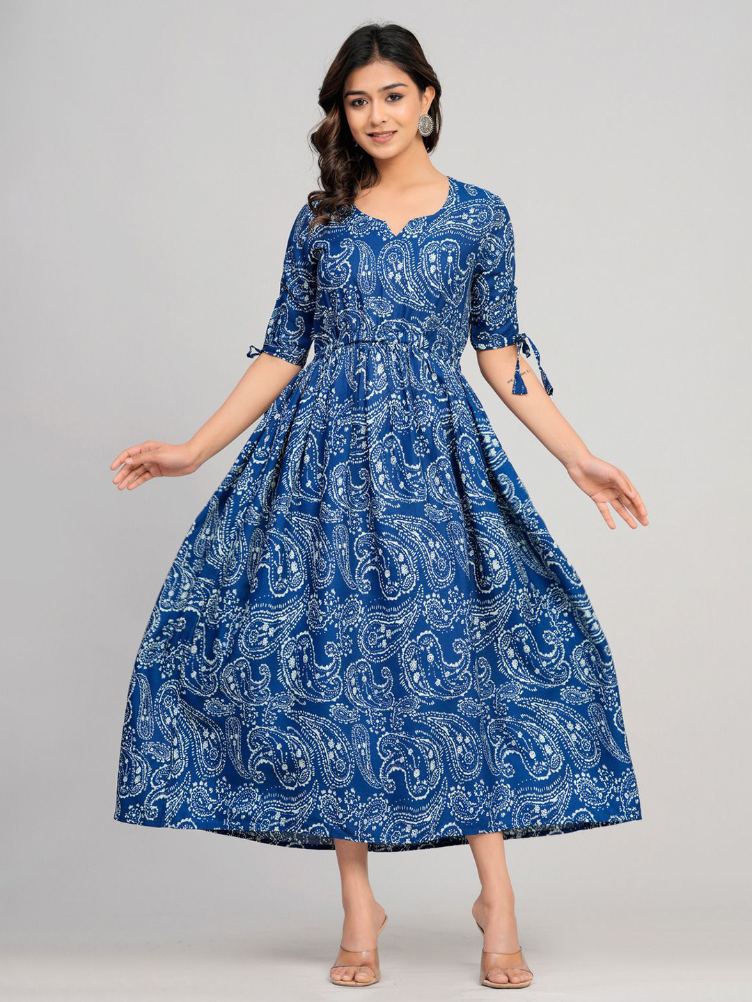 SARAI CREATIONS Women Paisley Printed V-Neck Slit Sleeves Fit And Flare Midi Dress