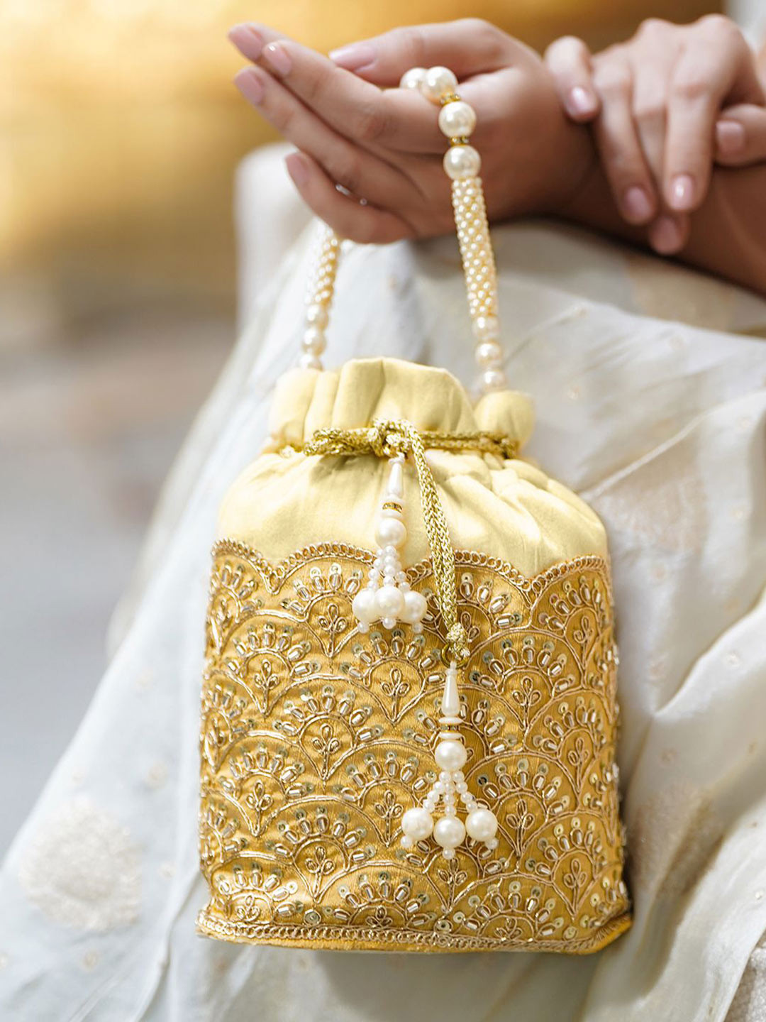 Rubans Embroidered Potli Clutch with Handcrafted Handle & Tassel Drawstring
