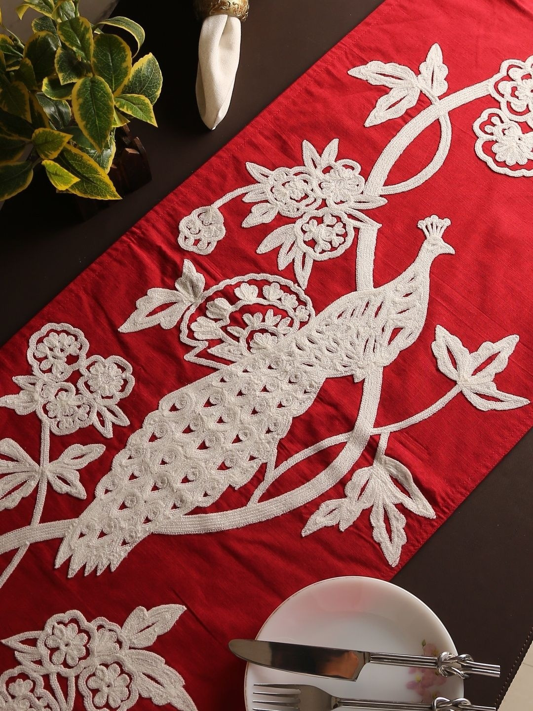 Revive Home Red & White Embroidered Table Runners with Peacock Design