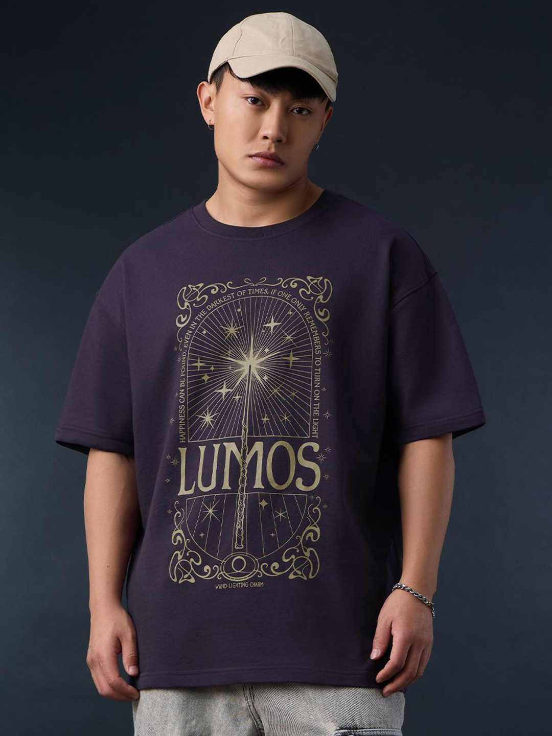 The Souled Store Men Harry Potter Lumos Printed Round Neck Drop-Shoulder Sleeves T-shirt