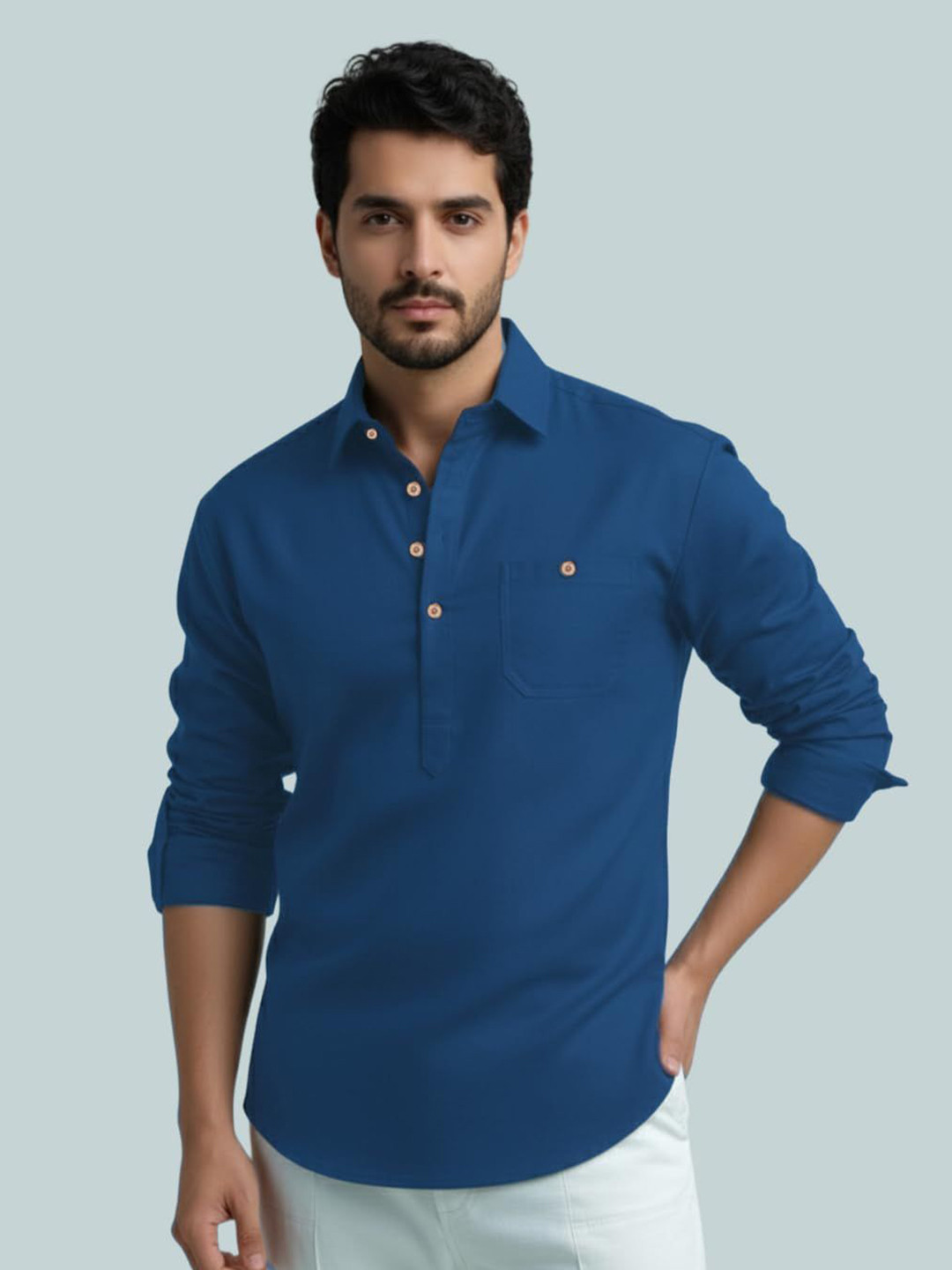 Vida Loca Men Shirt Collar Roll-Up Sleeves Short Kurta