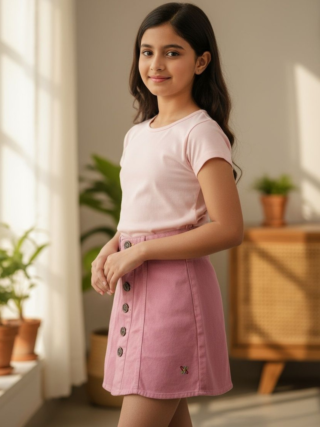 Knit N Knot Girls Front Buttons & Adjustable Waistband A-Line Mini Skirt
