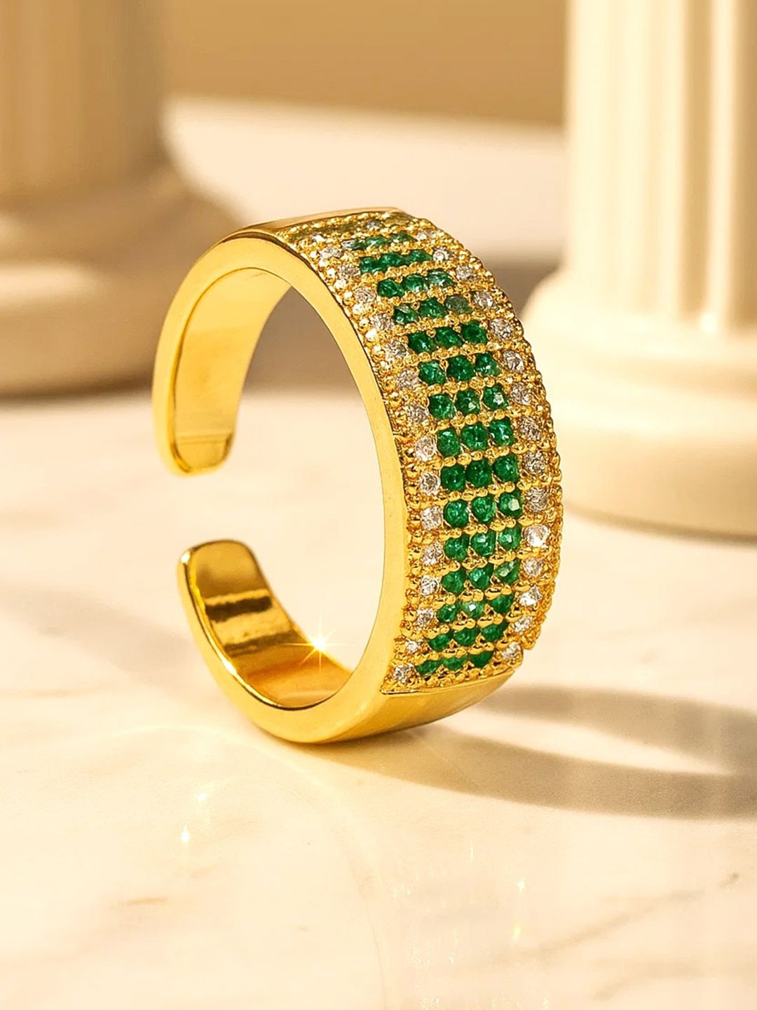 Rubans Voguish 18K Gold-Plated Emerald Cubic Zirconia Tarnish-Free Waterproof Open Ring