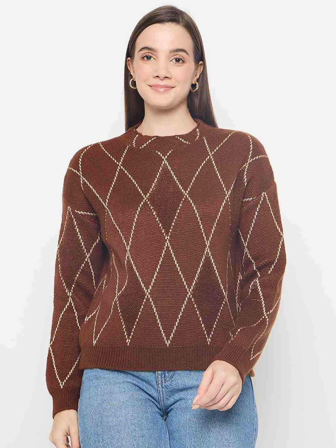 Madame Women Argyle Woven Design Round Neck Long Sleeves Pullover Sweater