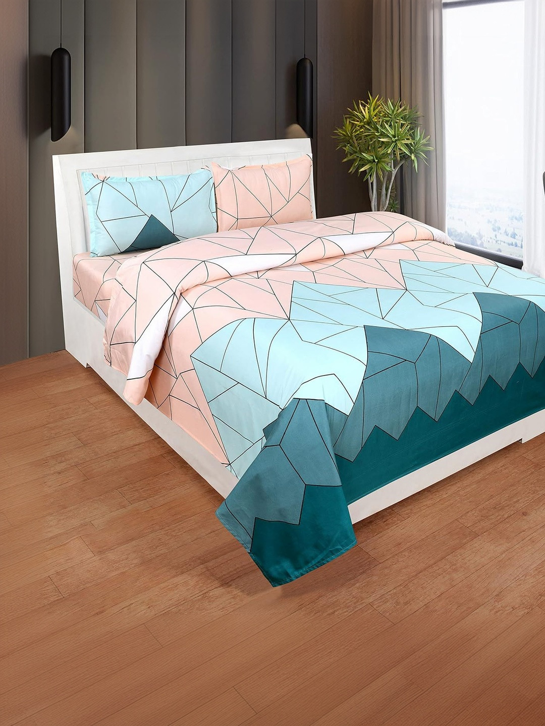 Homybees Mountains Pink & Blue Geometric Microfiber 220 TC King Bedsheet & 2 Pillow Covers