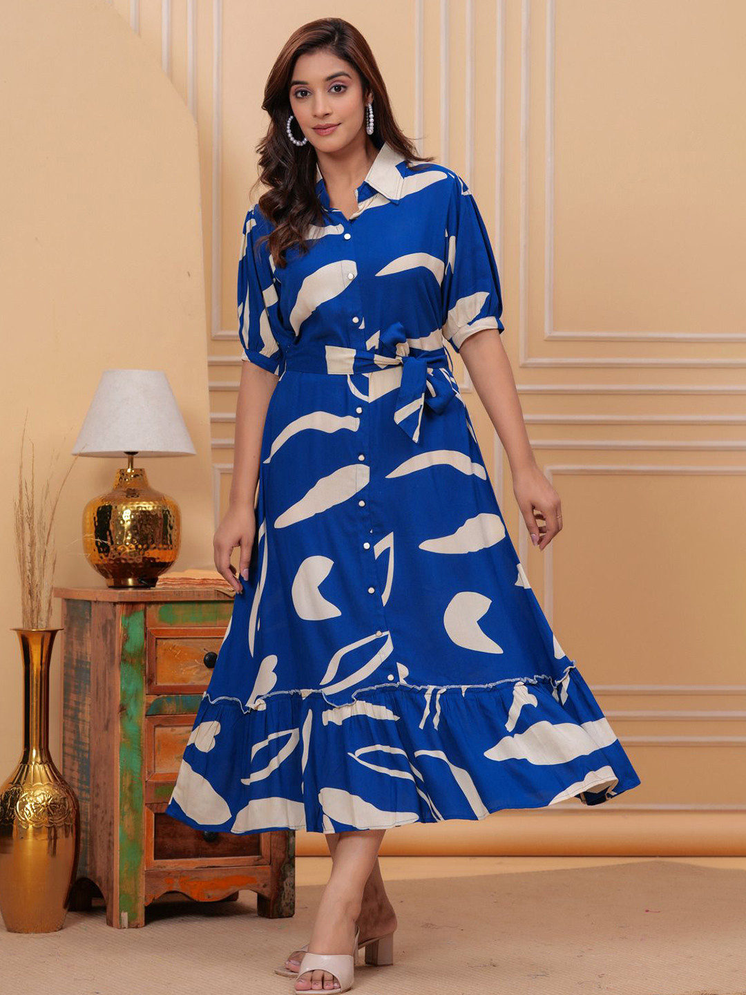 SARAI CREATIONS Women Abstract Printed Belted Shirt Collar Fit and Flare Midi Dress