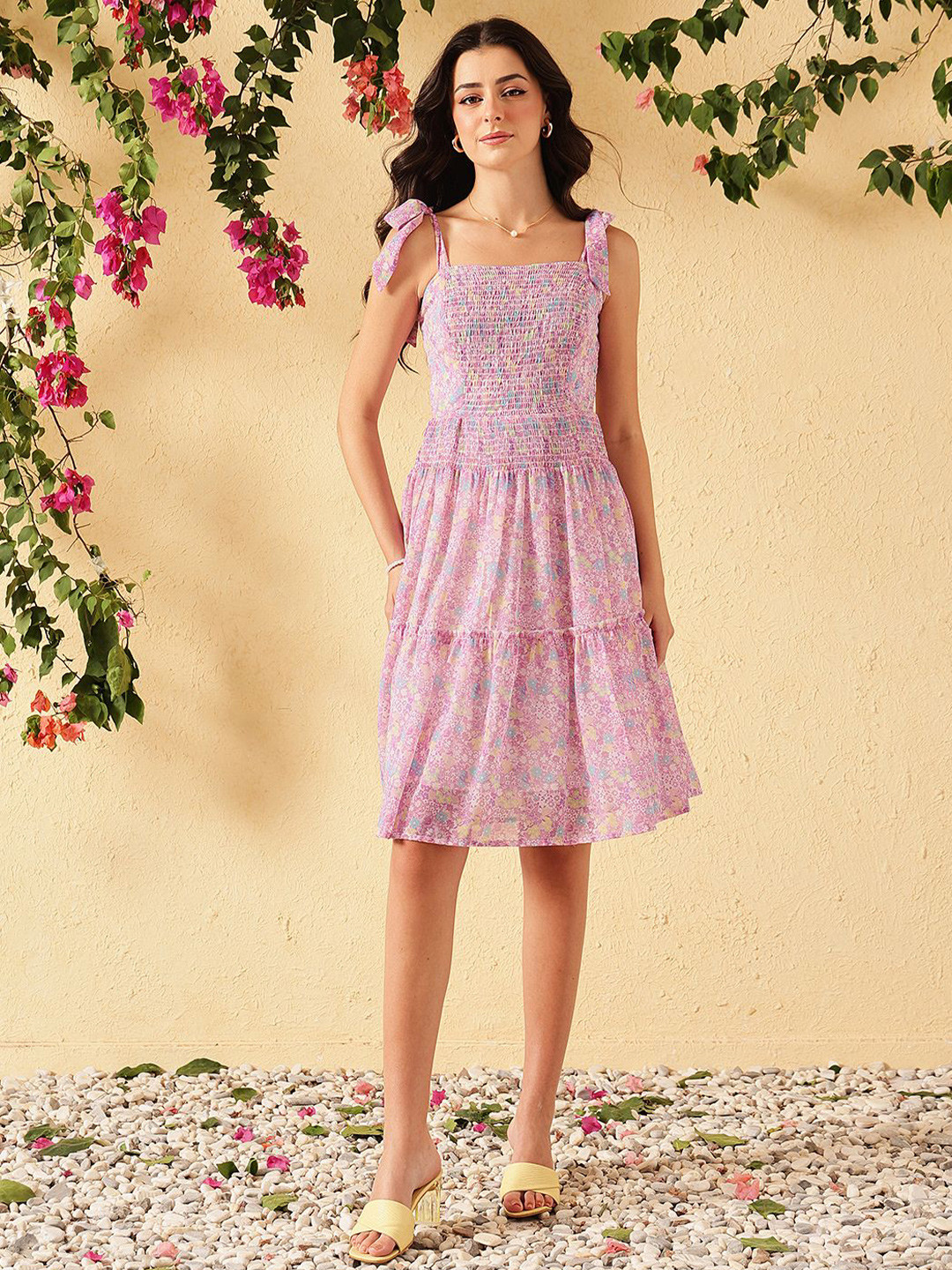 D 'VESH Floral Printed Smocked Tiered Fit & Flare Dress