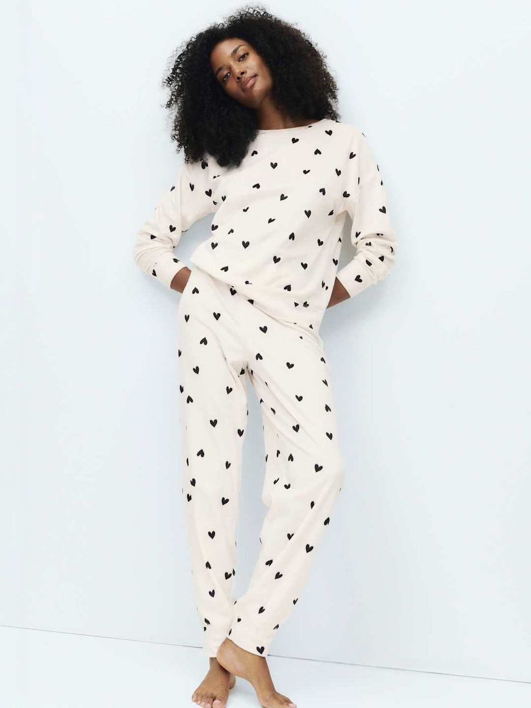 Marks & Spencer Women Fleece Heart Print Cuffed Hem Night suit