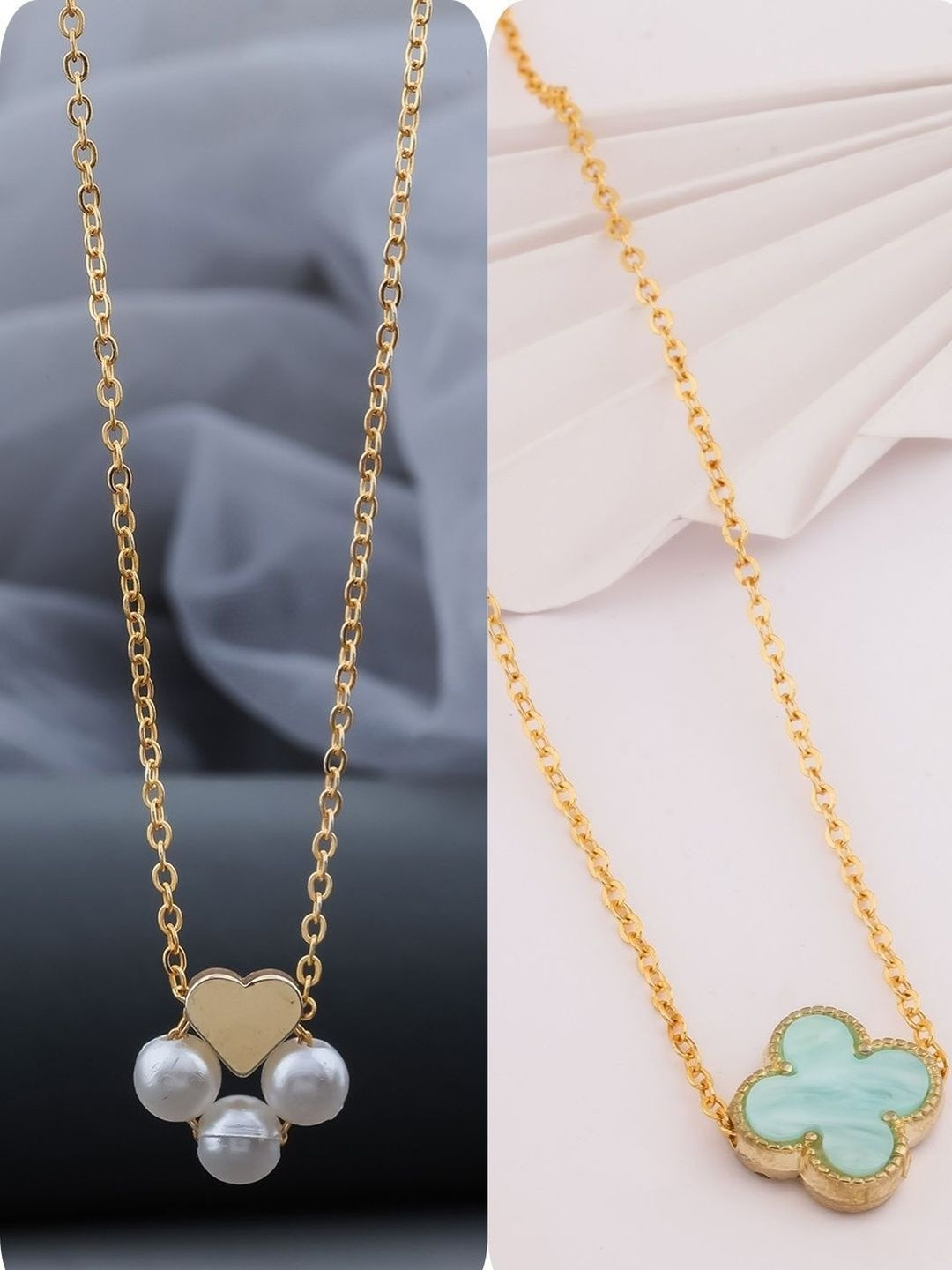 SZN Women Set of 2 Heart & Flower Shaped Gold-Plated Necklace