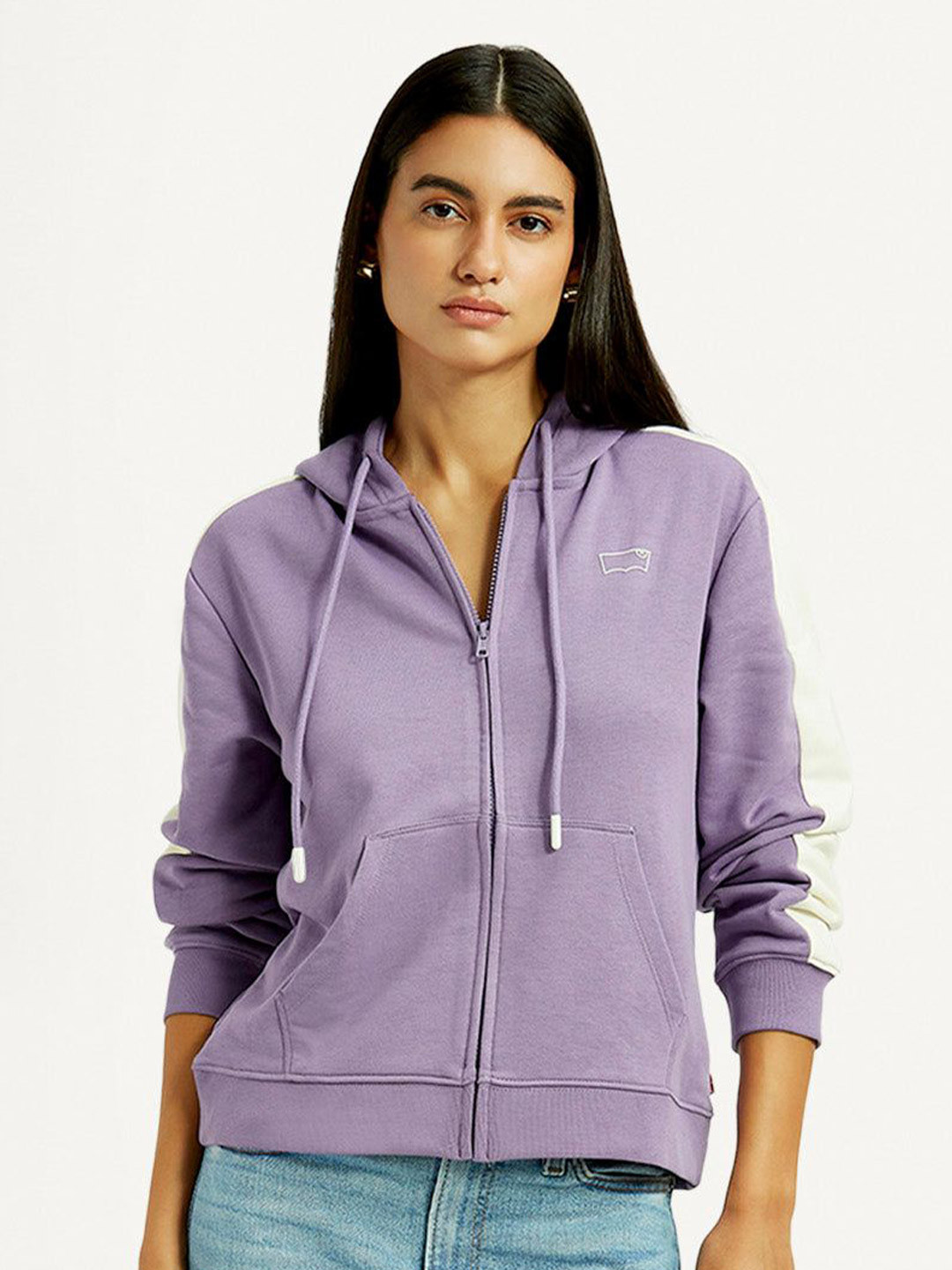 Levis Women Brand Logo Colourblocked Long Sleeves Front-Open Hooded Sweatshirt