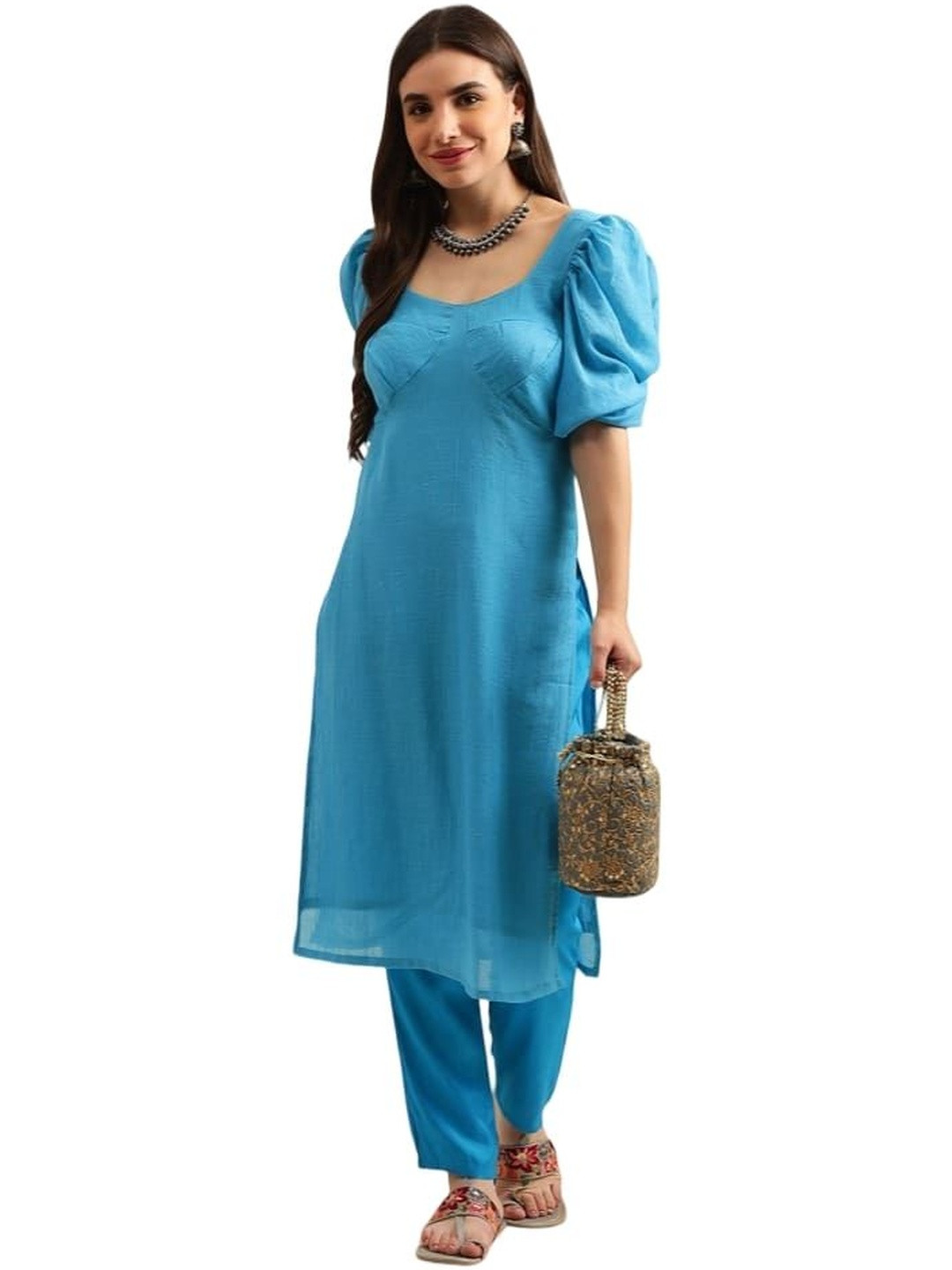 V.T FASHION Round Neck Short Sleeves Cotton Kurta With Trousers