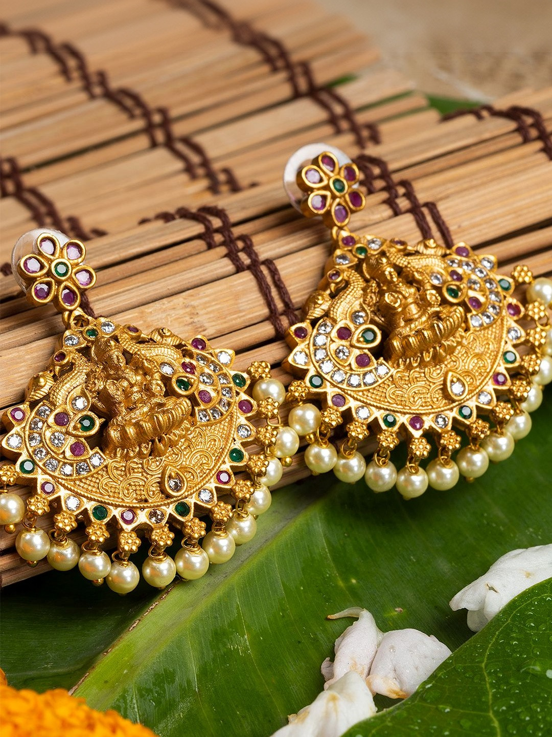 Laa Calcutta Gold Plated Artificial Stones Studded And Beaded Contemporary Drop Earrings