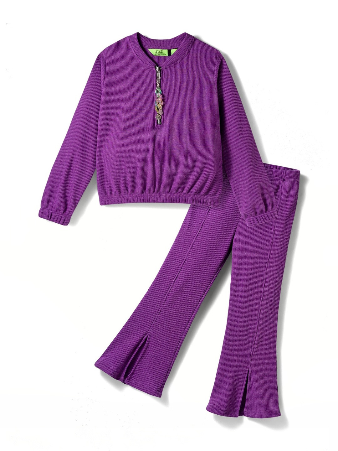 Tiara Girls Round Neck Long Sleeves Buttefly Front Zipper T-shirt With Palazzos