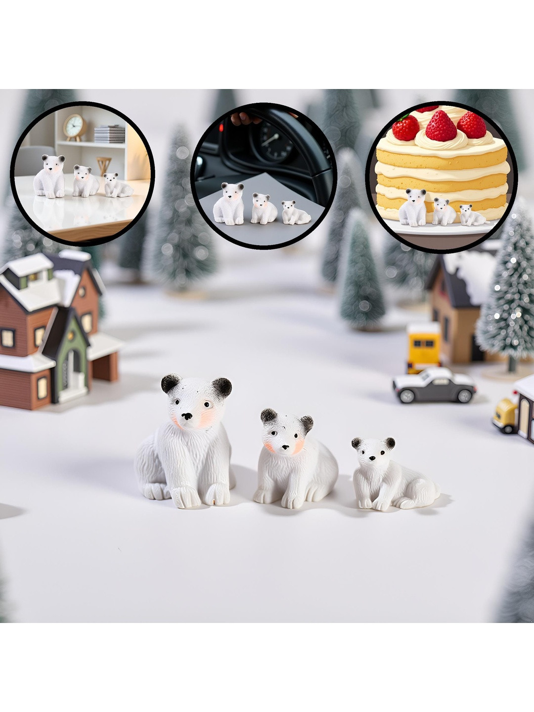 Gopalvilla White Polar Bear Matte Car Real 3D 3 Pieces Tiny Showpieces