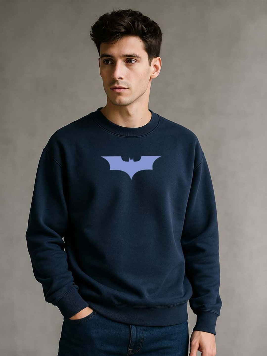 Navy Blue Superhero Graphic Printed Round Neck Sweatshirt