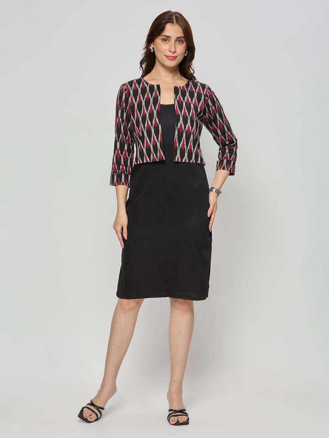 Autumn Hues Women Round Neck Sheath Dress With Ikat Jacket