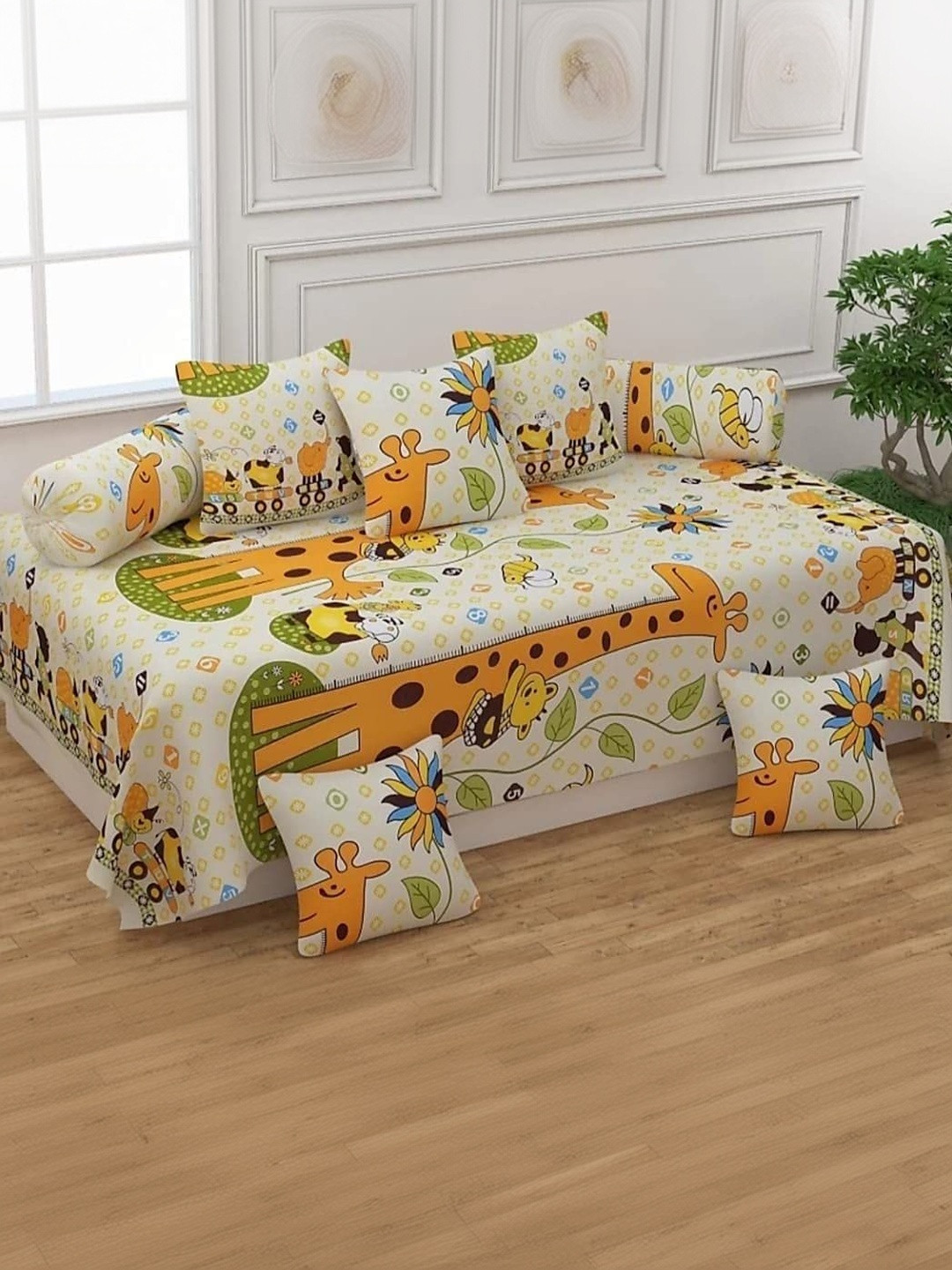 Homybees Cream-Coloured 8 Pieces Cartoon Characters Printed Microfiber Diwan Set