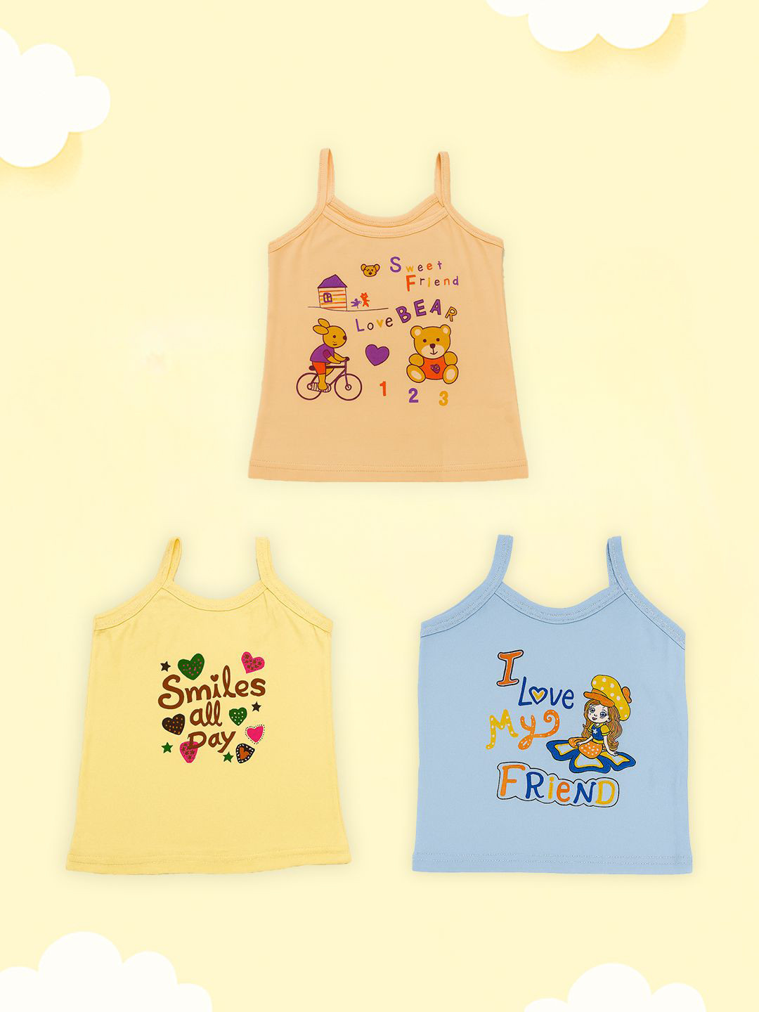 Kidbea Infant Girls Pack Of 3 Typography Printed Shoulder Strap Cotton Sleeveless Vests