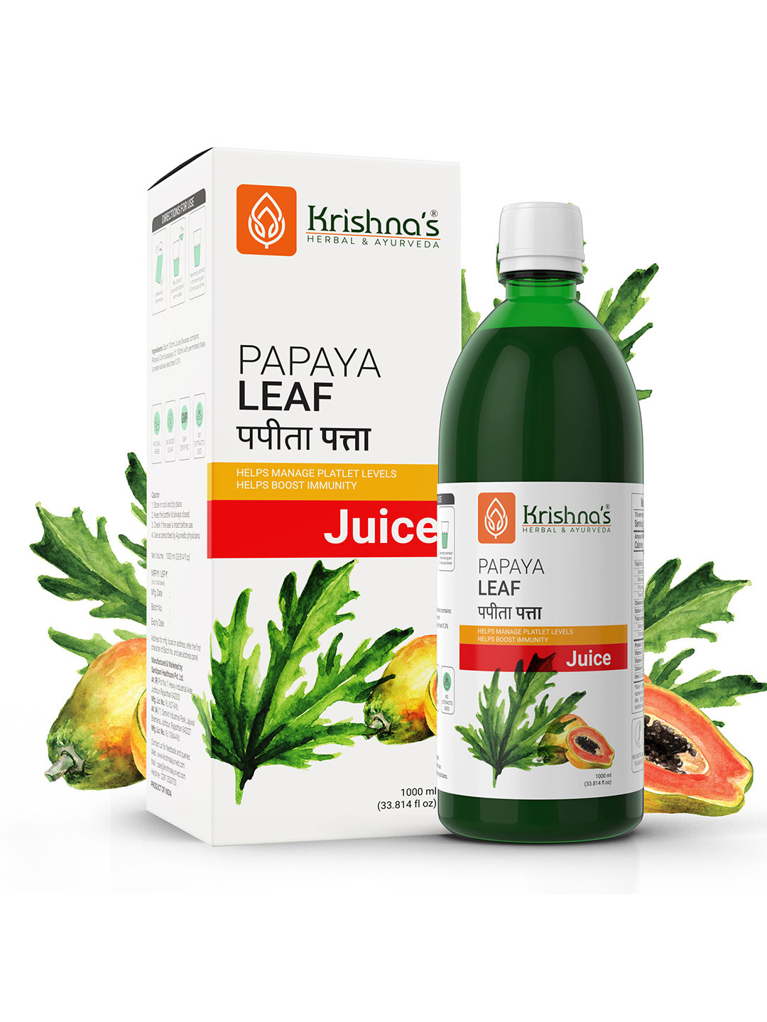 Krishna's Herbal & Ayurveda Papaya Leaf Natural Blood Platelets Booster Juice - 1L
