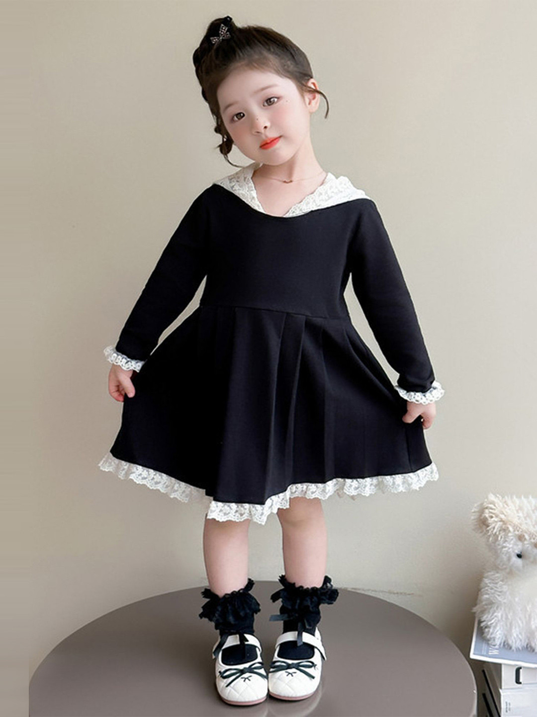 LULU & SKY Girls Long Sleeves Lace Trim Fit & Flare Dress