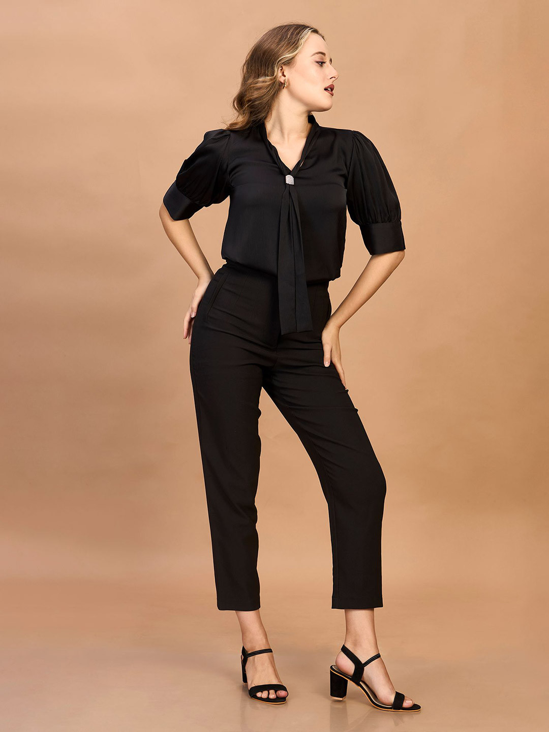 Tatvika Women Solid Tie-Up Neck Puff Sleeve Satin Top