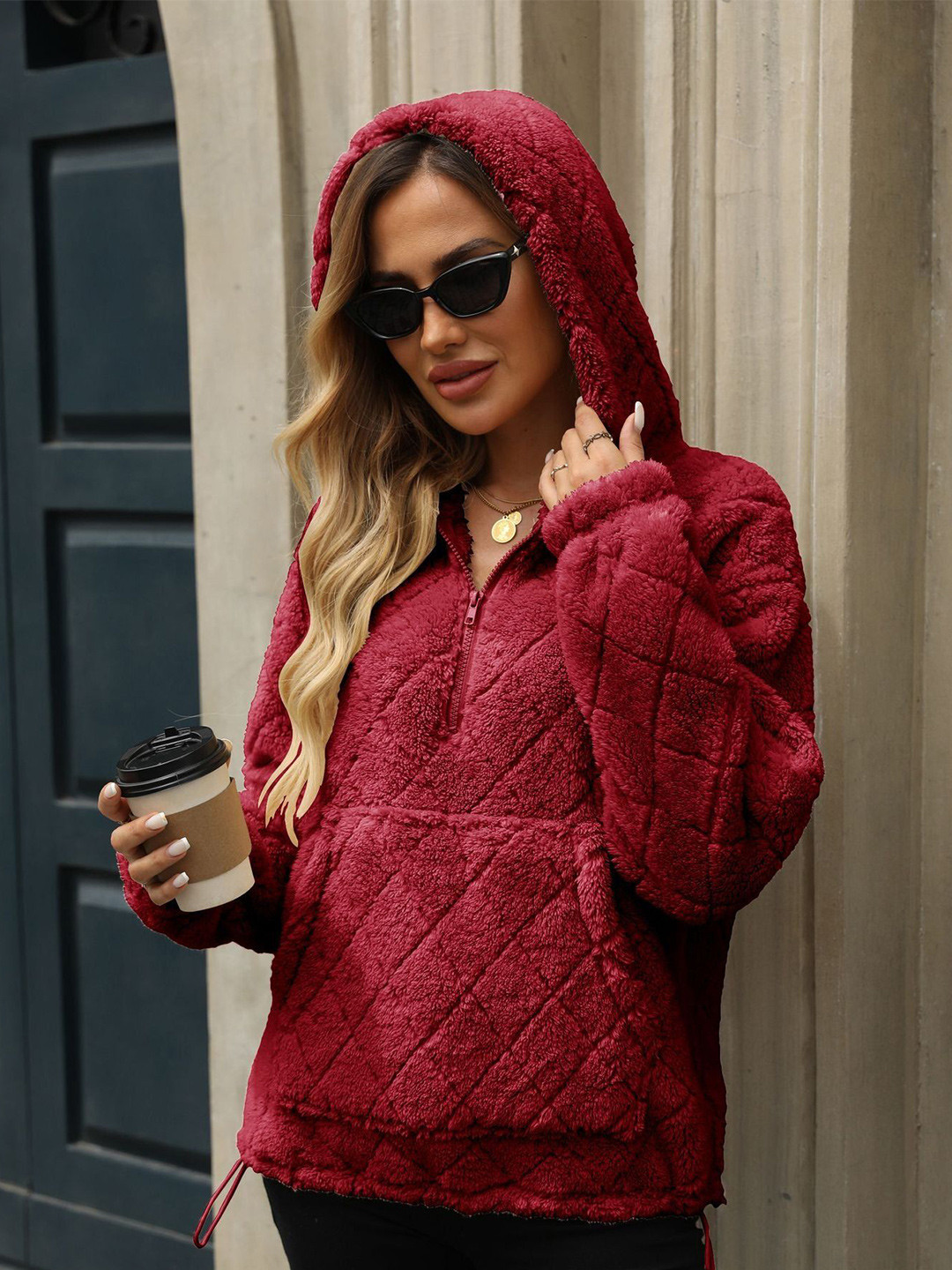 Oh Rare Women Half-Zipper Hooded Pullover Sweater with Fuzzy Detail