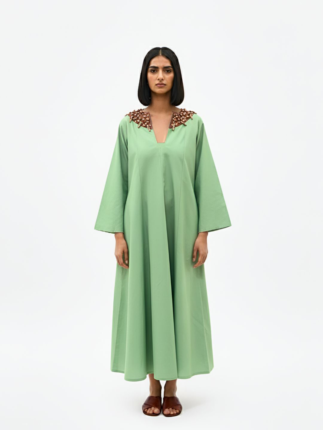 Neora Women Beaded Collar Long Sleeves Jacquard Maxi Dress