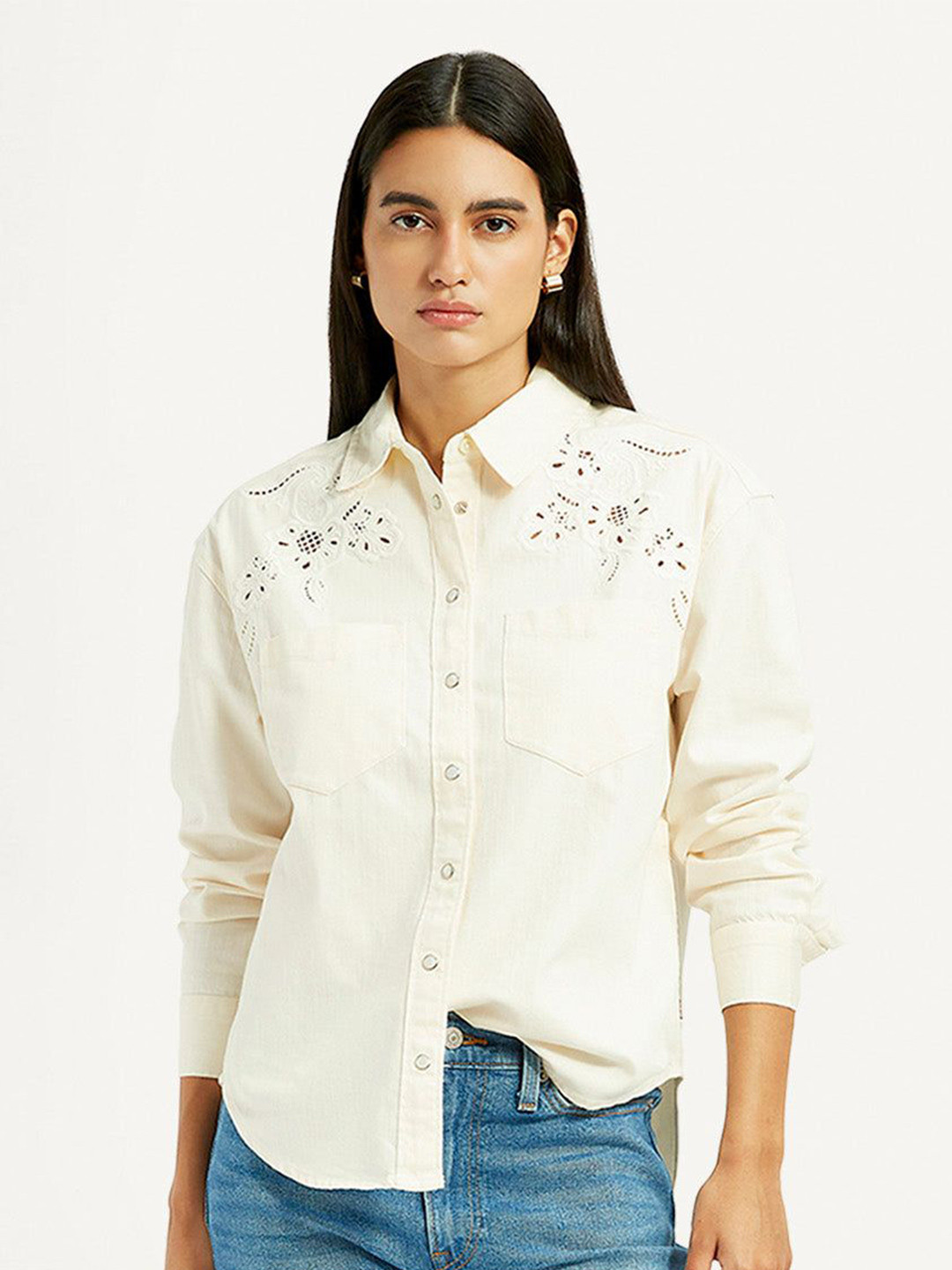 Levis Women's Embroidered Cream Spread Collar Shirt