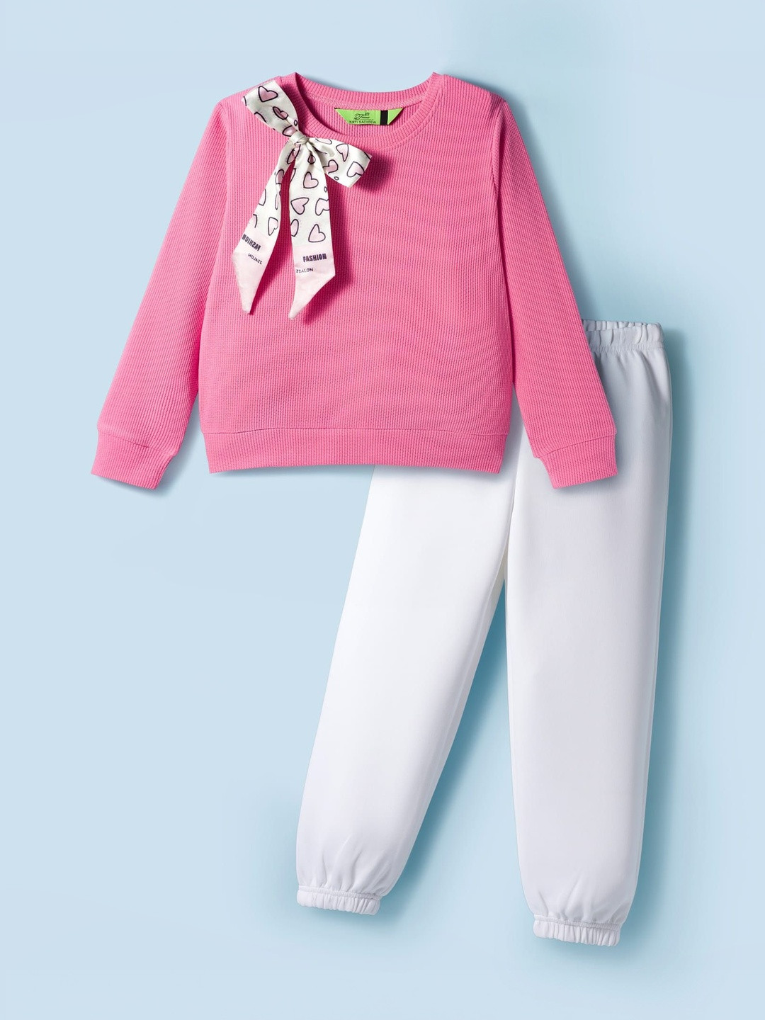 Tiara Girls Round Neck Long Sleeves Bow And Interlock Spandex Sweatshirt With Trousers