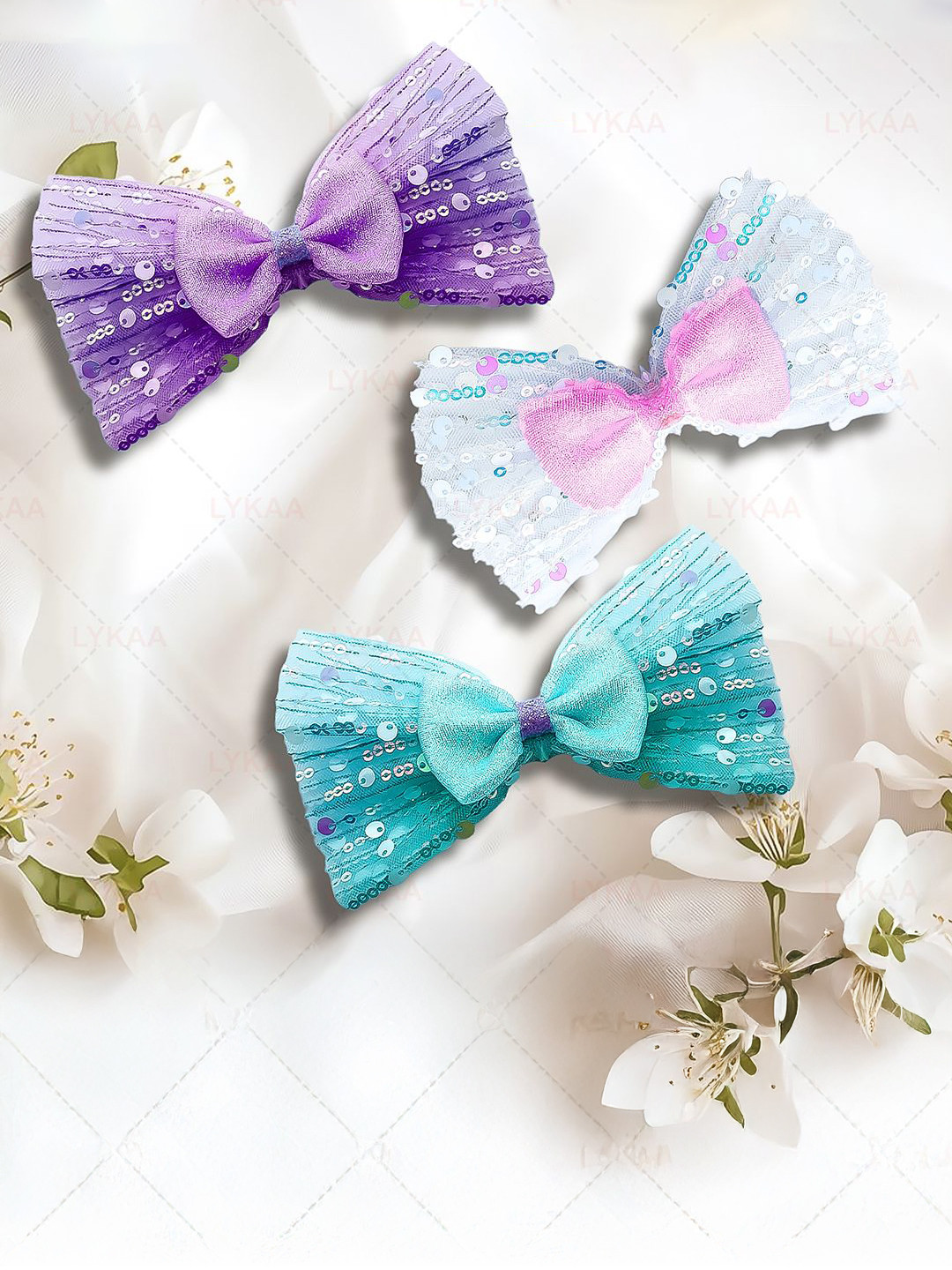 LYKAA Girls Set of 3 Embellished Big Bow Barrette Hair Clips with Glitter and Sequins
