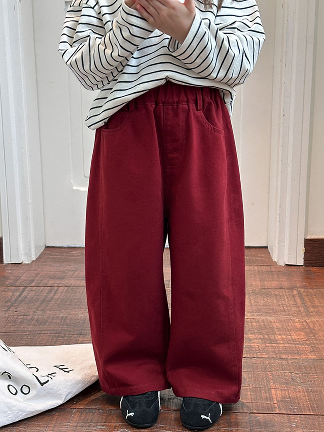 LULU & SKY Girls Cherry Red High-Rise Wide Leg Cotton Elasticated Waist Trousers