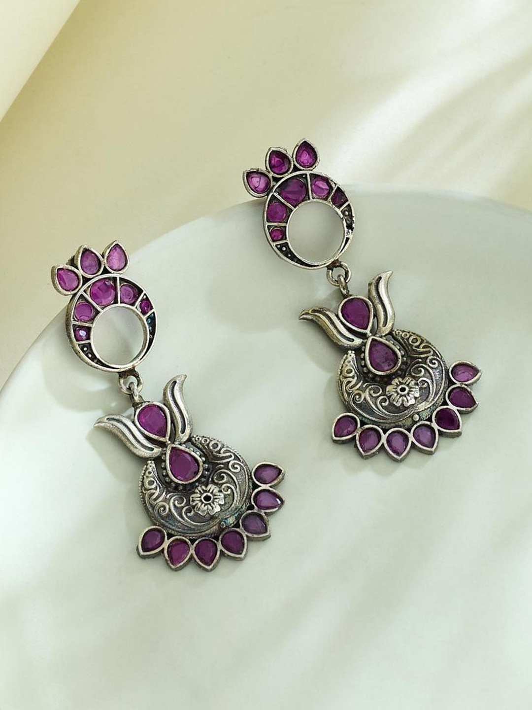Fabindia Silver-Plated Artificial Stones Studded Floral Drop Earrings