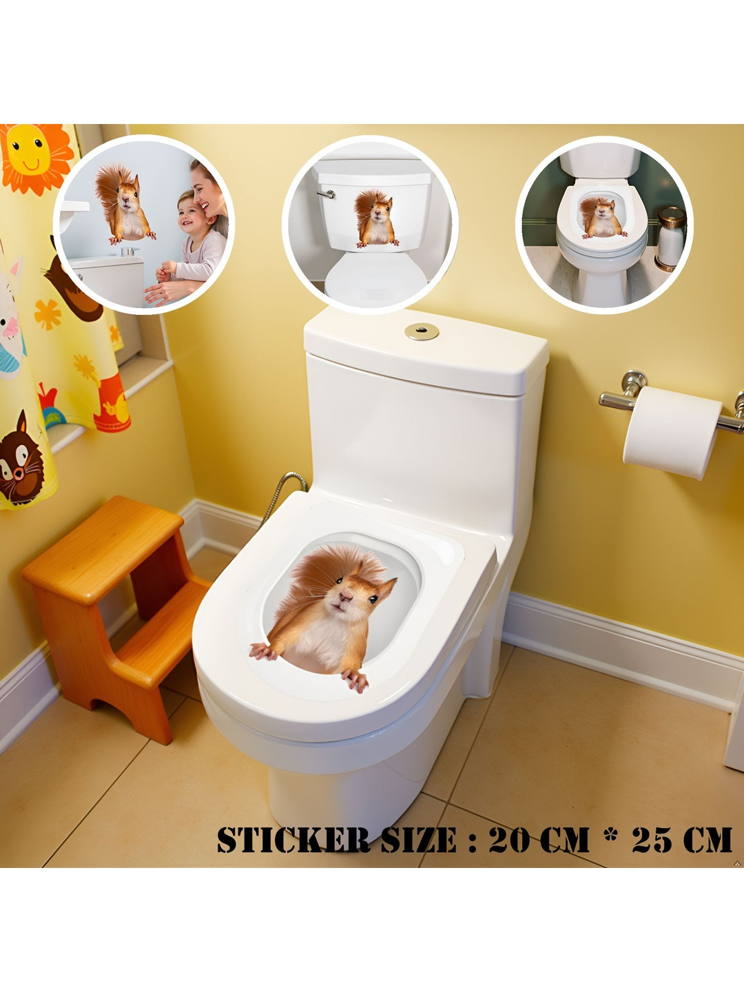 Gopalvilla Brown & White Charming Squirrel-Printed Waterproof Toilet Stickers