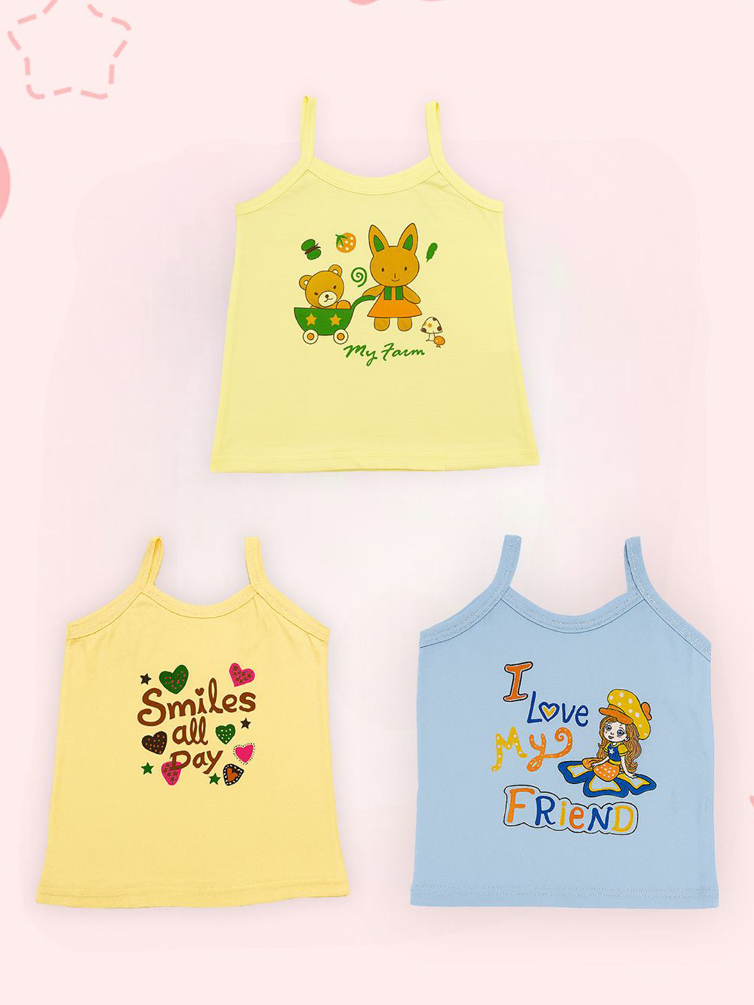 Kidbea Girls  Pack Of 3 Organic Cotton Comfortable Vest Printed Innerwear Summer