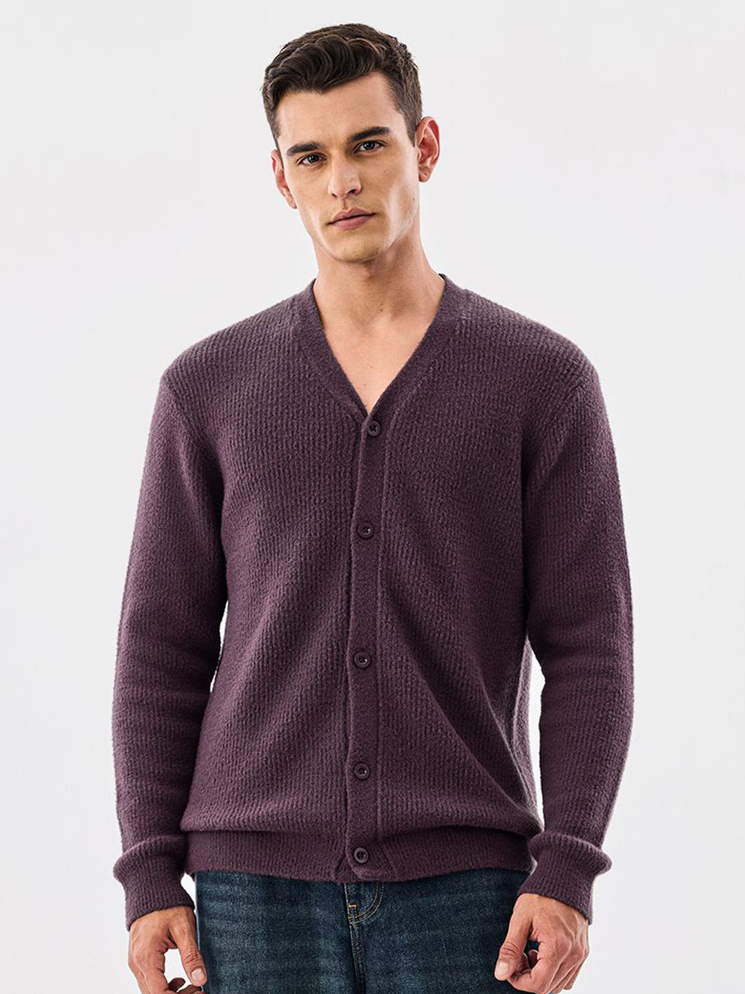 Snitch Men Ribbed V-Neck Long Sleeves Cardigan