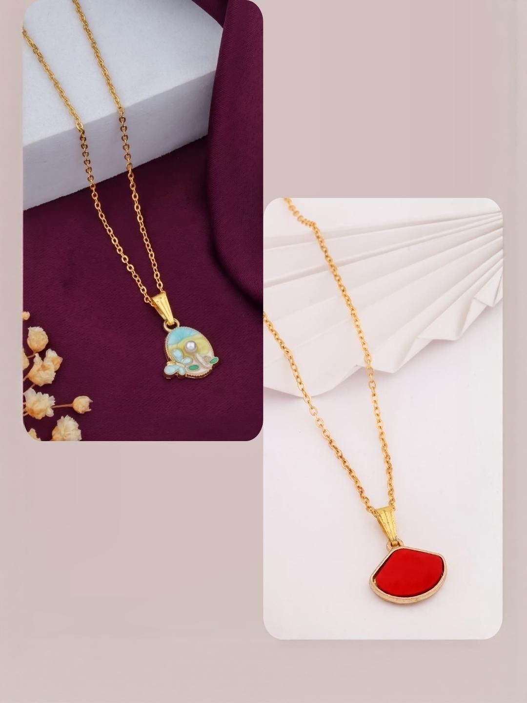 SZN Elegent Set Of 2 Gold-Plated Artificial Beaded Oval Shaped Pendants With Chains