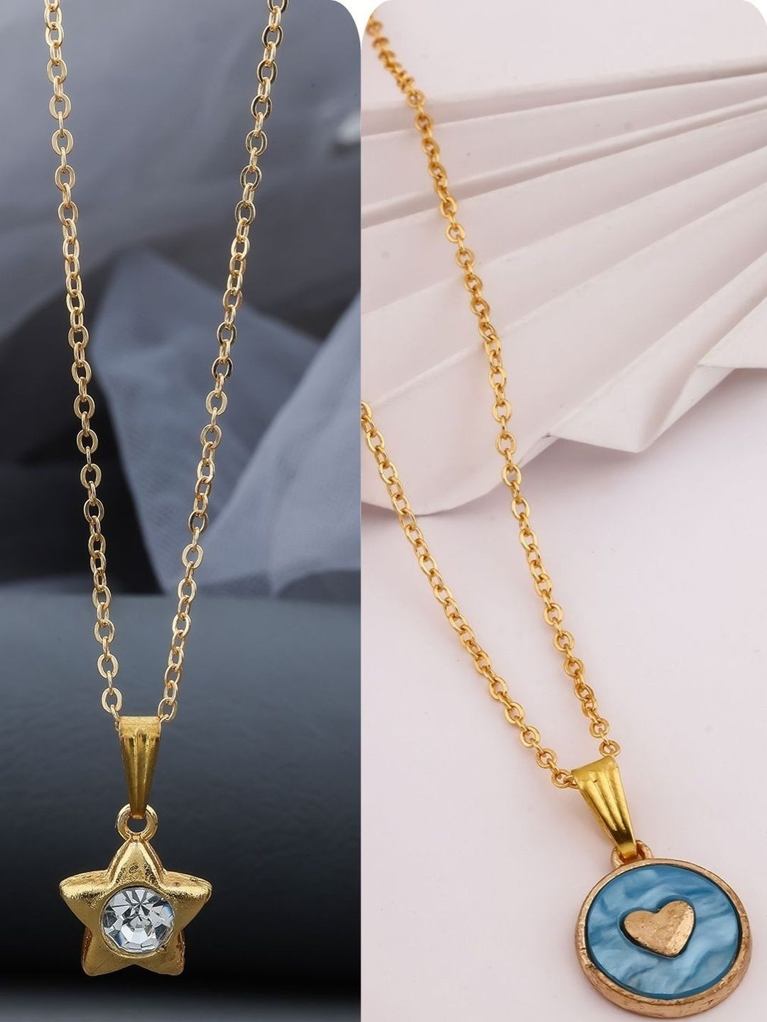 SZN Women Set Of 2 Brass Gold-Plated Star & Heart Shaped Necklace