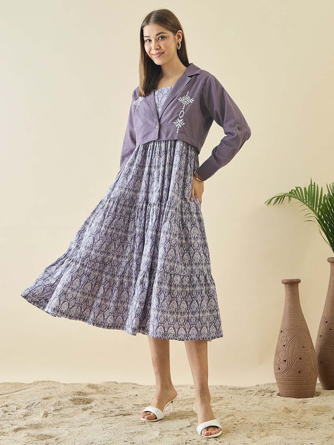 ZUMMER Ethnic Motifs Print Tiered Cotton Fit & Flare Midi Dress with Embroidered Jacket
