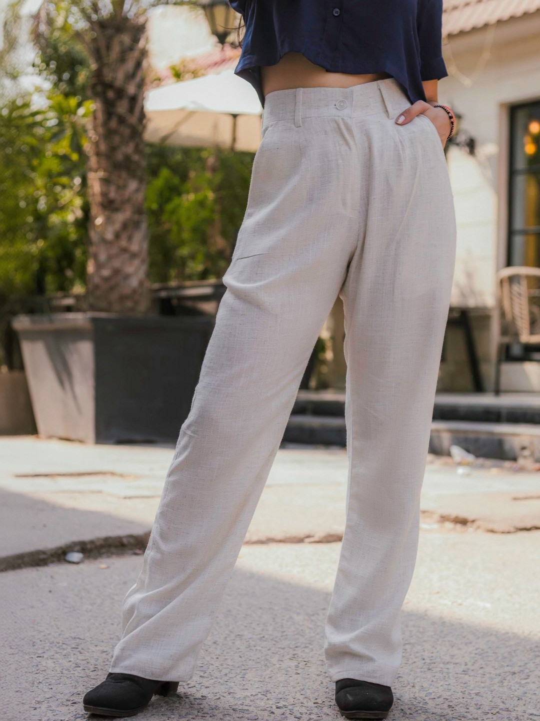 JAVINISHKA Women Relaxed Straight Leg High-Rise Pleated Korean Pants