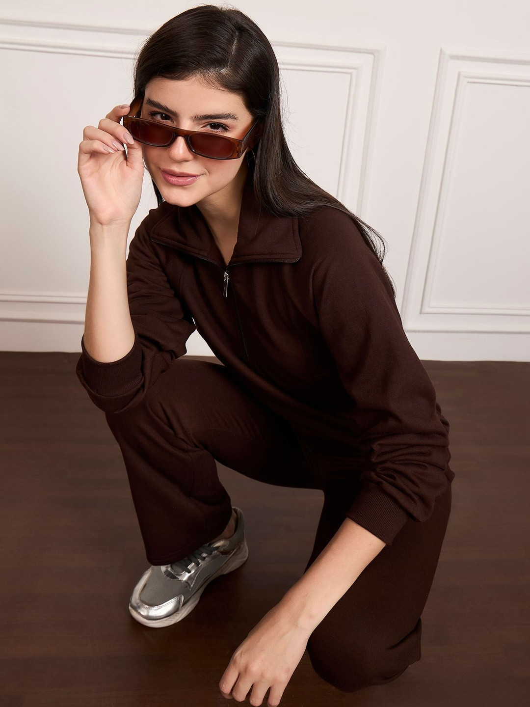 StyleStone Women Solid Polo Collar Half Zipper Long Sleeves Tracksuits