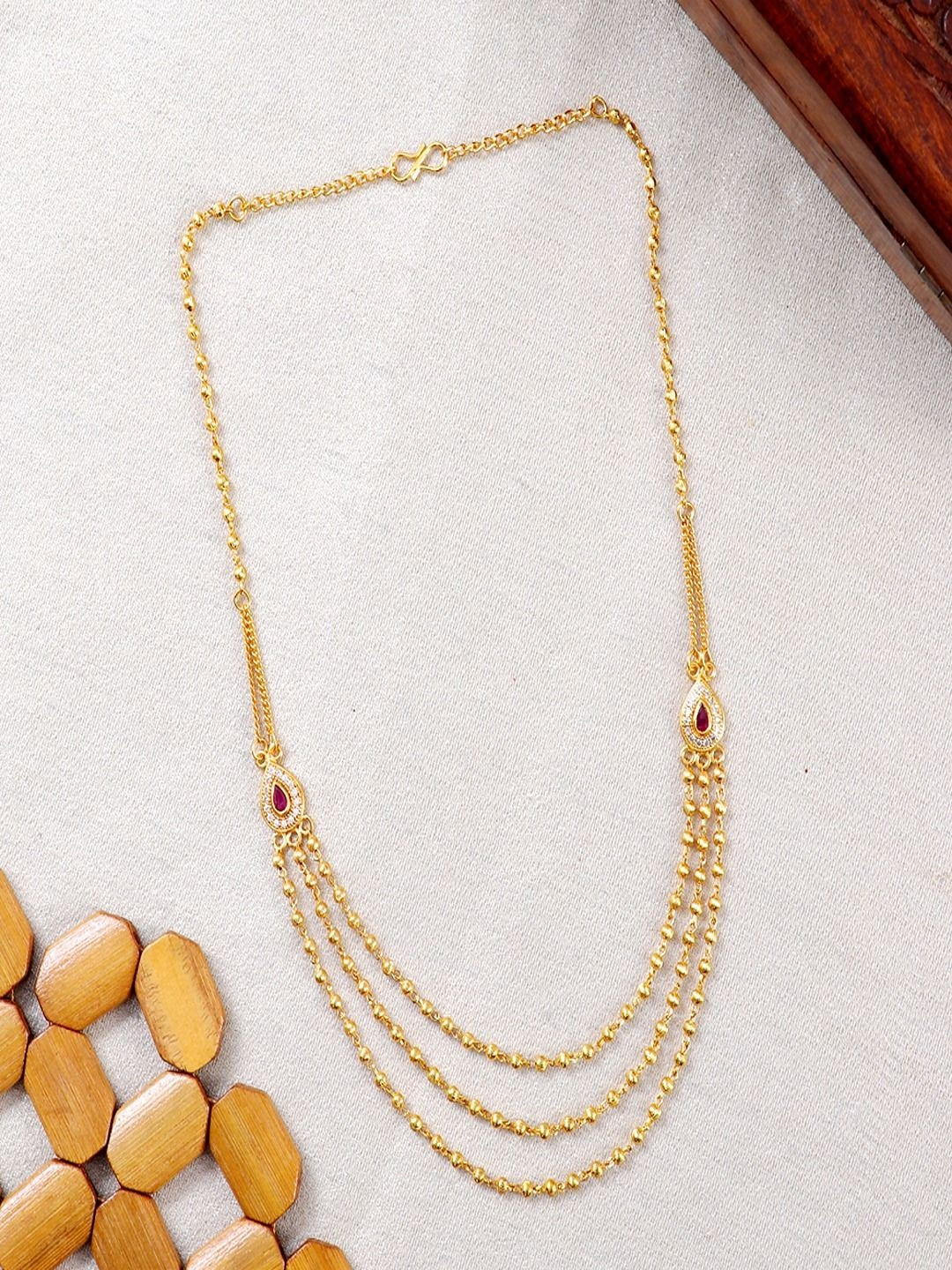 Jewelgenics Gold-Plated Ruby Kundan Triple Layered Necklace